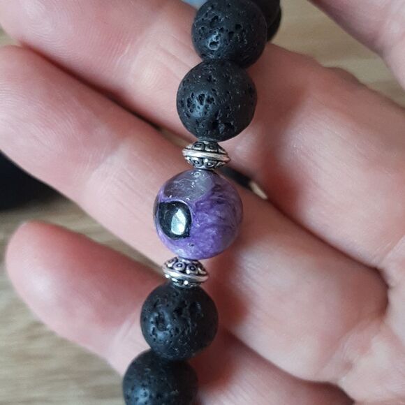 Charoite & Lava Rock Beaded Stretch Bracelet - Picture 4 of 5